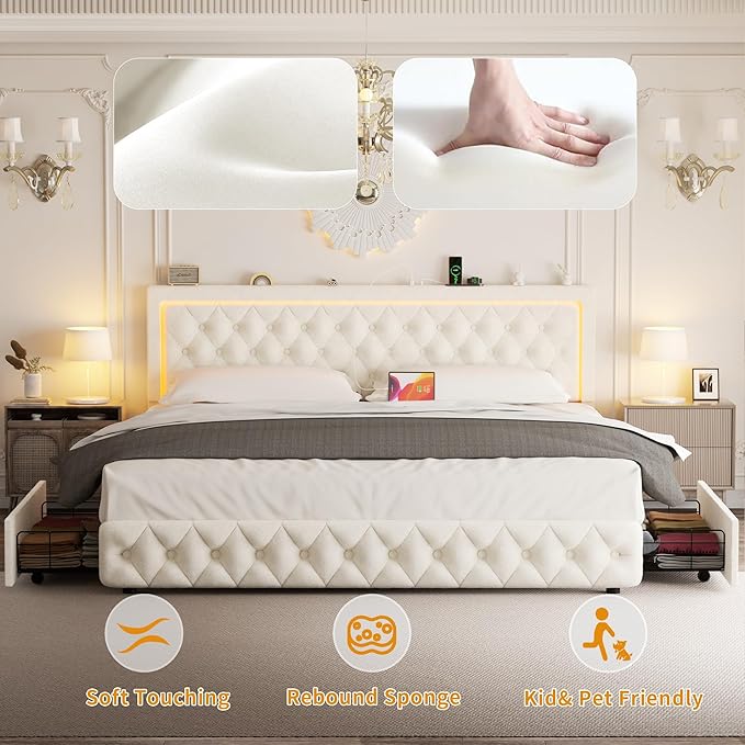 Queen Bed Frame with 4 Storage Drawers, Velvet Upholstered Bed Frame Queen Size with Charging Station and LED Lights, 46" Adjustable Button Tufted Headboard, No Box Spring Needed, Beige