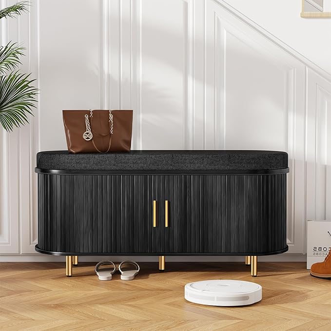 DHH Entryway Bench with Shoe Storage Fluted Shoe Storage Sliding Door and Adjustable Shelf with Cushion,2-Tier Shoe Rack Cabinet for Entryway, Bedroom, Living Room(Black)