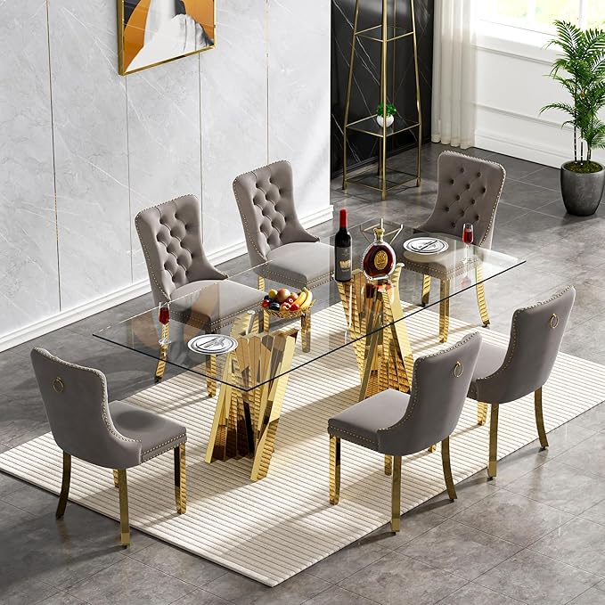 Goujxcy Modern 7 Piece Glass Dining Table Set Luxury Glass Kitchen Table and Chair Set for 6, 70" Large Rectangular Dining Room Table with 6 Tufted Chairs and Stainless Steel Legs (Gold & Grey)