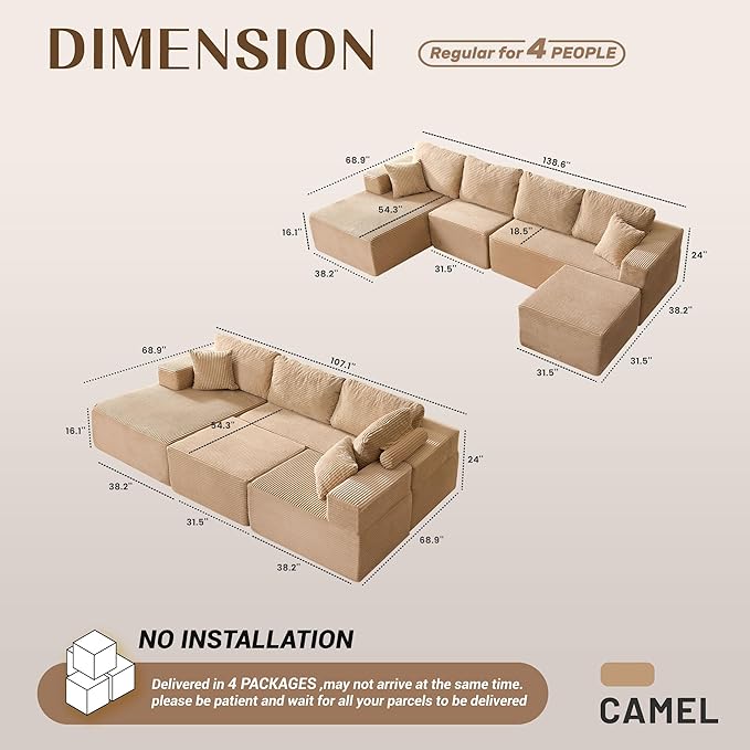 138" Boneless Couch with Deep Seat, Modular Sectional Sofa, Cloud Sectional Couch for Living Room, No Assembly Required, Corduroy, U-Shape 4 Seater Left, Camel