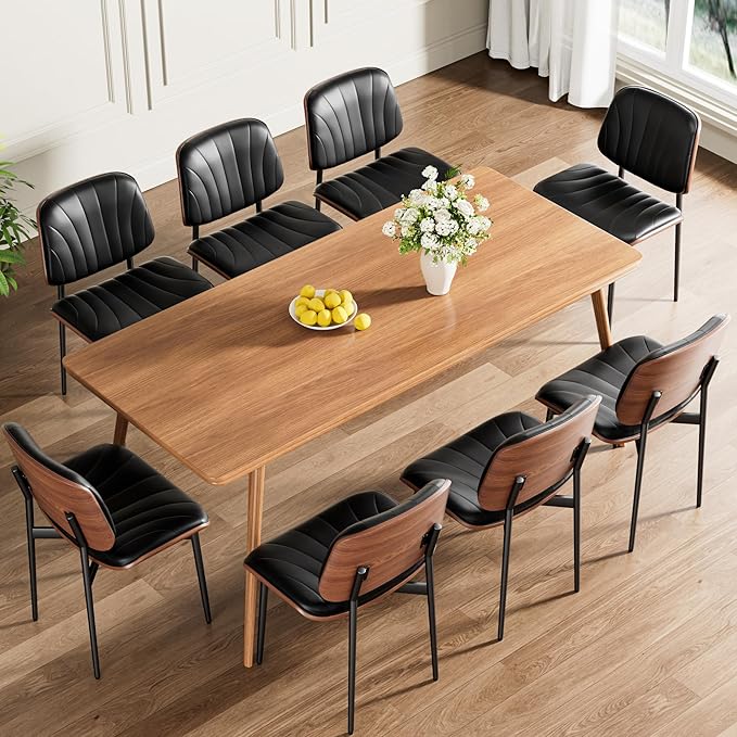 Dining Chairs Set of 8, Mid-Century Modern Upholstered PU Leather Chairs with Walnut Bentwood Back and Metal Legs Adjustable Feet for Kitchen Dining Room, Black Shell Strips