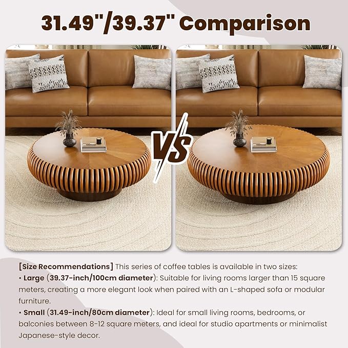 Round Drum Coffee Table for Living Room, Mid Century Modern Coffee Table with Sturdy Pedestal, Farmhouse Fluted Circle Center Table Accent Tea Table for Apartment (31.5" Brown)