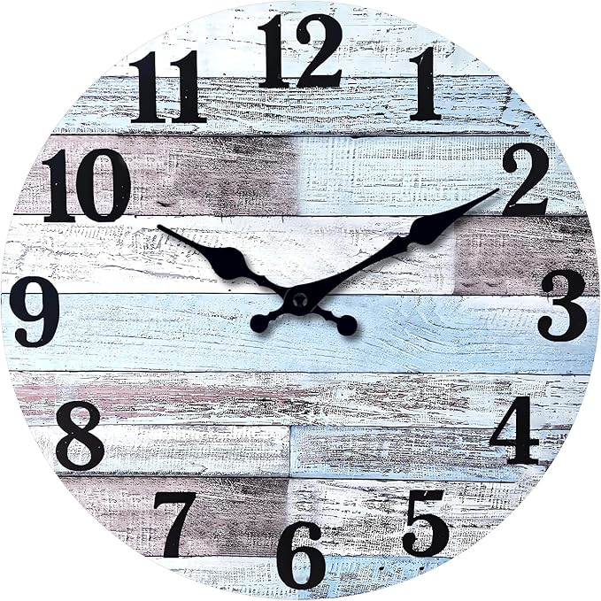 XNM Blue Wood Wall Clocks for Living Room Decor Farmhouse Wall Clocks Battery Operated 12 Inch Analog Rustic Wall Clock Silent (MDF No Solid Wood)
