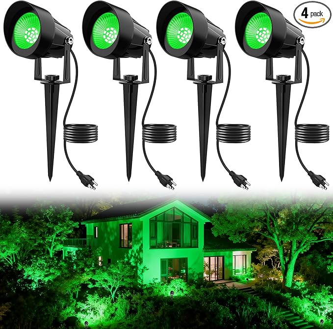 Christmas Green Landscape Spotlights, 14 LED Landscape Lighting with US Plug, IP65 Waterproof Outdoor for Tree Yard Garden Pathway Halloween Decor, 4 Pack