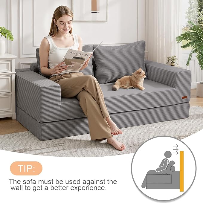 COMAX Convertible Sofa Bed Queen, Corduroy Folding Floor Couch Pull Out Couch Bed Futon Sleeper with Pillows, Fold Out Boneless Sofa Comfy Lounge Mattress Loveseat for Living Room Bedroom, Light Grey