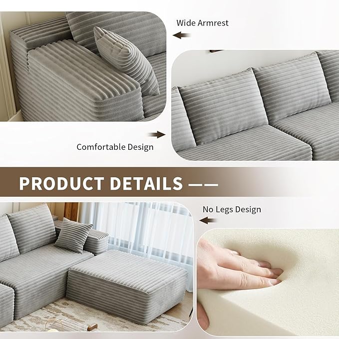 107.5" Cloud Modular Sectional Couch with 1 Ottoman,Modern Minimalist Upholstered Couches, Comfort U Shaped Sofa for Living Room,Deep Seat Corner Couch，No Assembly Required (Grey,Left Facing Chaise)