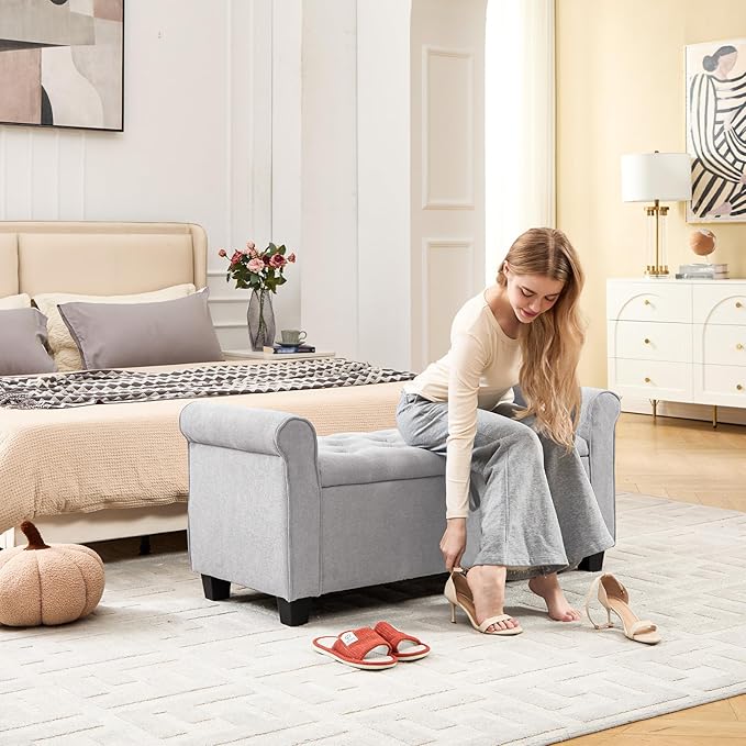 End of Bed Storage Bench for Bedroom, 49" Upholstered Storage Ottoman with Rolled Arms, Rivet Polyester Fabric Ottoman Bench for Bedroom, Living Room, Window, Entryway, Light Gray