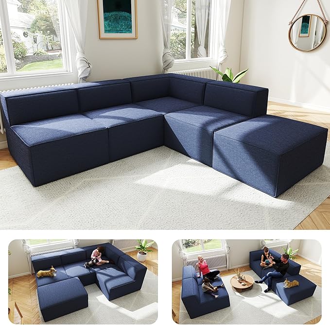 97"+57" 5-Piece Modular Sectional Sofa Convertible Cube Thick Couch 2 3 4 Seat Set, L-Shape, No Assembly for Living Room (3xArmless+1xCorner+1xOttoman) Fabric Chenille Blue