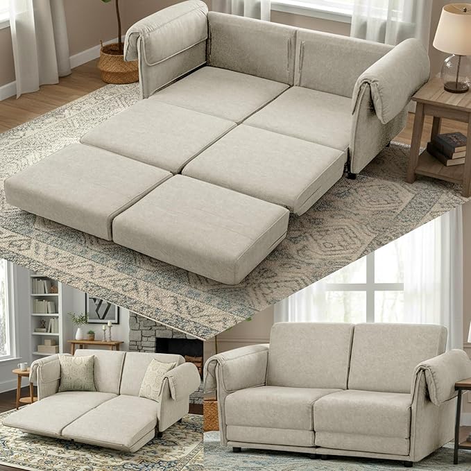 FHFO Loveseat Sleeper Sofa, Convertible Couch Bed Loveset Small Couchs for Small Spaces, 3 in 1 Pull Out Sofa Bed Modern 65" Comfy Futon Sofa Bed Queen for Living Room, Bedroom, Apartment (Beige)