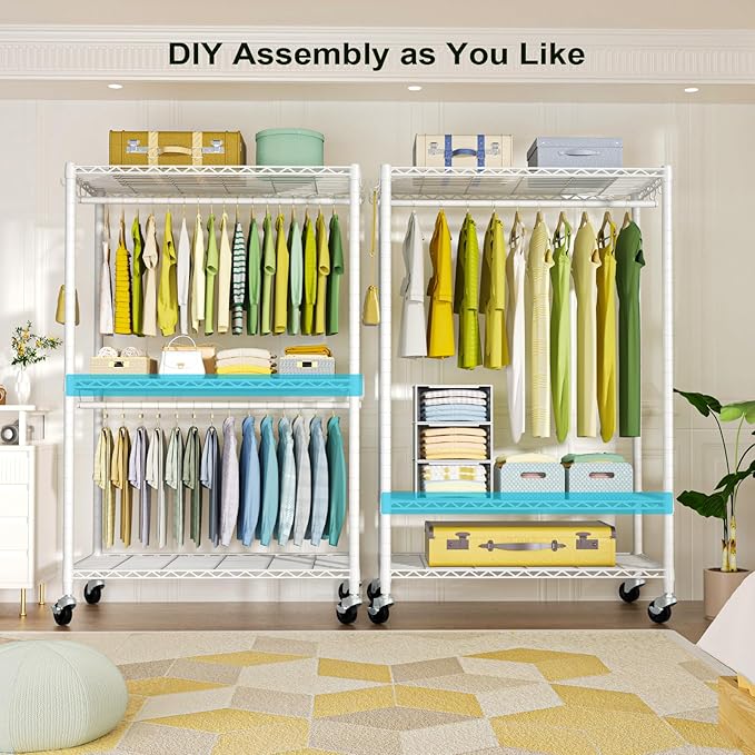 FUTASSI P3 Plus Rolling Clothes Rack, Clothing Racks for Hanging Clothes, Heavy Duty Garment Rack with Wheels, Freestanding Portable Closet Rack 45" W x 14" D x 78.5" H, Max Load 480 LBS, White