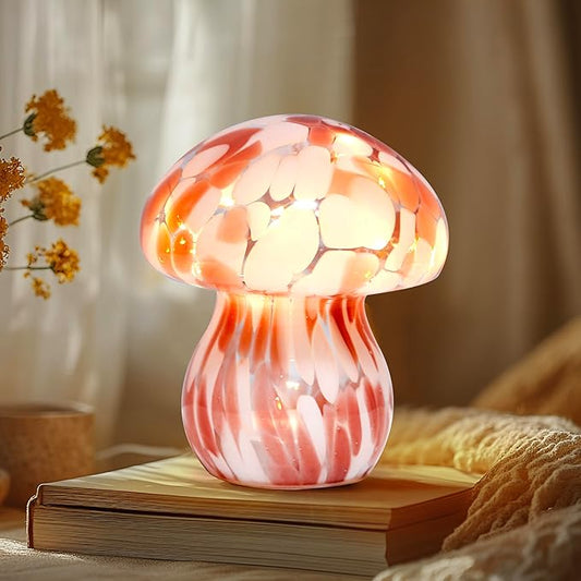Glass Mushroom Table Lamp, 5.9" Cute LED Night Light for Home Decor, Battery Operated (3 AA), Modern Ambient Light for Living Room Bedroom Office Light Pink