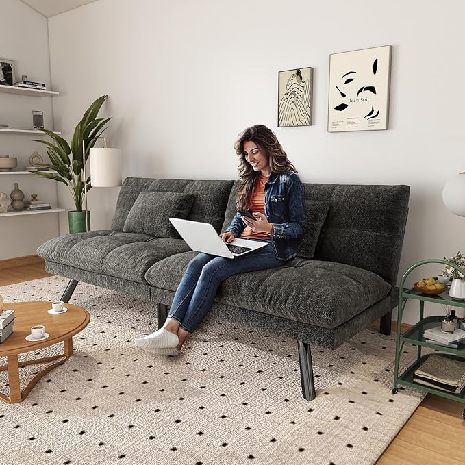 Futon Sofa Bed Convertible 70 inch Solid Wood Couch for Living Room, Chenille Fabric, 2 Cushions (Dark Gray)