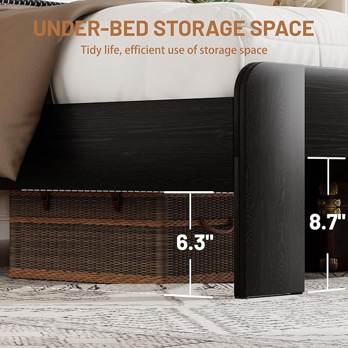 King Size Bed Frame with Wooden Headboard and Footboard, Rustic Platform Bedframe, Wood Slats Support, No Box Spring Needed, Under Bed Storage, Easy Assembly, Black