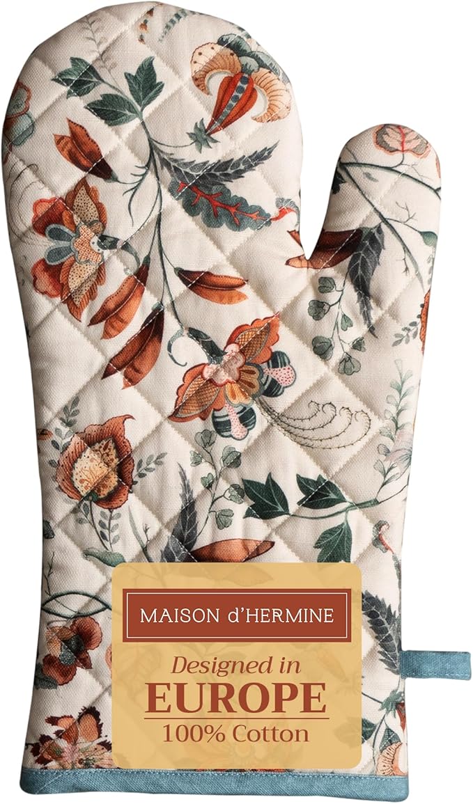 Maison d' Hermine Oven Gloves 100% Cotton Oven Mitt 7" x 13" with Loop Heat Resistant BBQ Cooking Gloves for Thanksgiving Christmas Decorations Baking Handling Hot Pans (Pack of 1, Dalida)