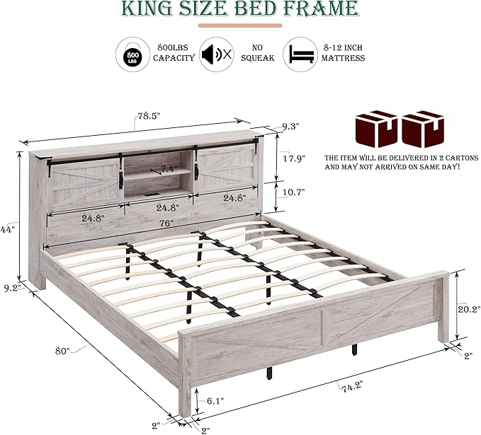 RedLemon Farmhouse King Size Bed Frame with Bookcase Headboard, Sliding Barn Door, Storage Cabinet, Charging Station, Wood Slats Support, No Box Spring Needed, Antique Brush White