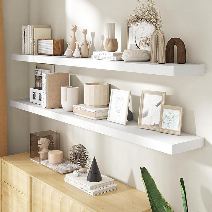 72 Inch Floating Shelves for Wall, 8 Inch Deep Floating Shelf for Storage & Display, Rustic Wall Mounted Shelf with Invisible Brackets for Living Room, Kitchen, Bathroom, Home Decor, Set of 2, White