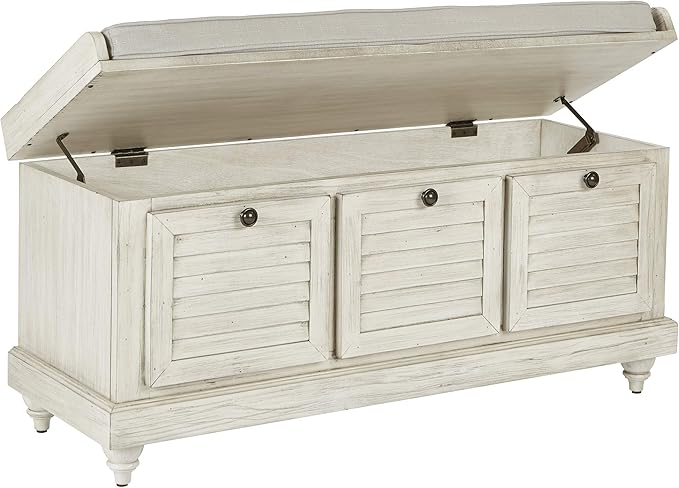 OSP Home Furnishings Dover Coastal Lift-Top Storage Bench with Shutter Face Styling, White Wash Finish with Off-White Fabric Cushion