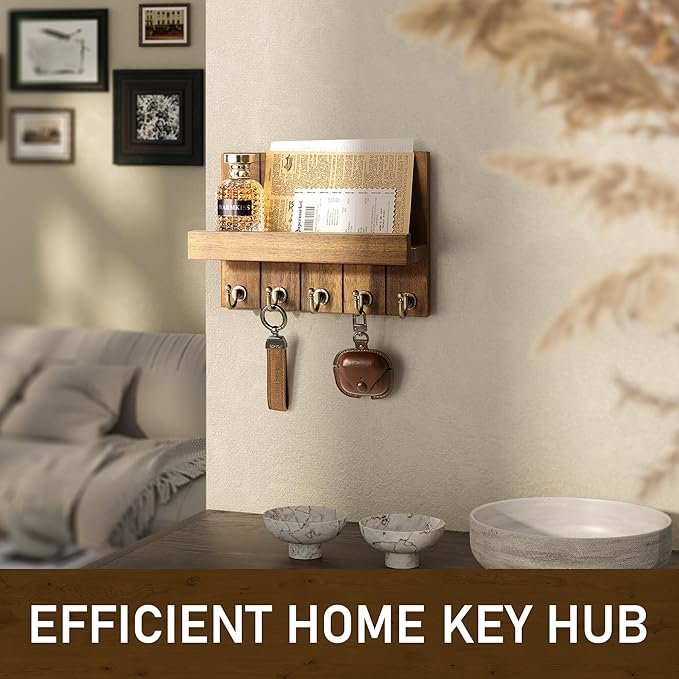 Rebee Vision Acacia Wood Key Holder Wall Mount – Farmhouse Key Holder for Wall & Mail Organizer with Shelf for Home Decor – Ideal for Apartment Essentials (Acacia Wood, 3.54" x 10" x 7.28")