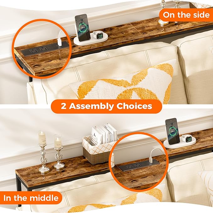 SUPERJARE 70 Inch Console Table with Outlet, Sofa Table with Charging Station, Narrow Entryway Table, Skinny Hallway Table, for Living Room, Rustic Brown