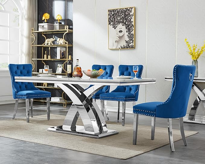 Goujxcy 7-Piece Dining Table Set Modern Faux Marble Dining Table Set for 6, Luxury 68" Long Faux Marble Kitchen Table with 6 Velvet Upholstered Chairs & Mirrored Stainless Steel Base