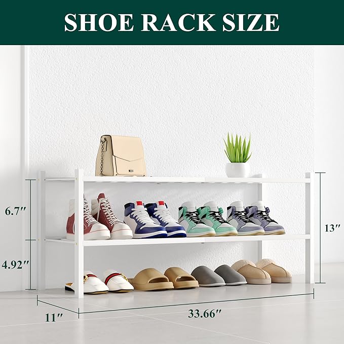 Smiry Shoe Rack, 2 Tier Long Bamboo Shoe Organizer, Stackable Free Standing Wooden Shoe Storage Shelf for Closet, Entryway, Front Door Entrance, White
