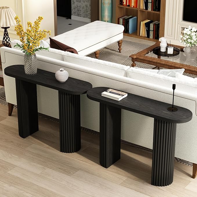 Fluted Console Table with Solid Wood Legs, 39.2" Farmhouse Entryway Table with Rounded Corners, Morden Sofa Tables Behind Couch for Foyer, Entrance, Living Room, Hallway, Black