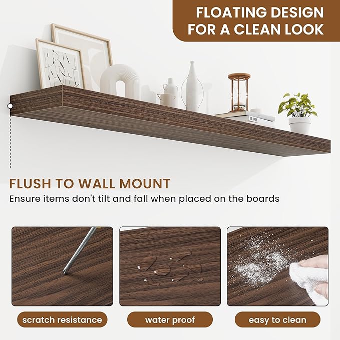 fuqing Floating Shelves for Wall, Wall Mounted Wood Floating Shelf with Invisible Brackets for Living Room, Bathroom, Bedroom, Kitchen Storage and Decor, 55 Inch Set of 2, Walnut