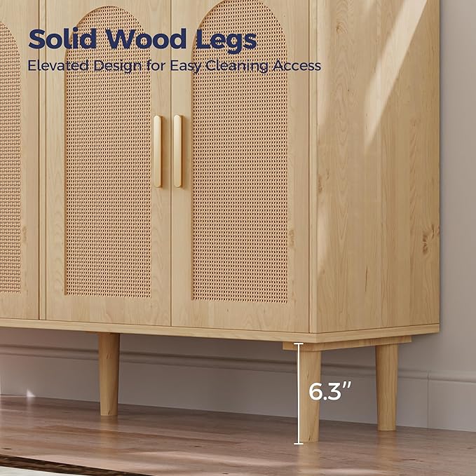 4-Door Rattan Sideboard Buffet Cabinet, 47" Large Storage Cabinet with Shleves, Wood Modern Accent Credenza Kitchen Table for Dining Room, Living Room & Entryway, Natural