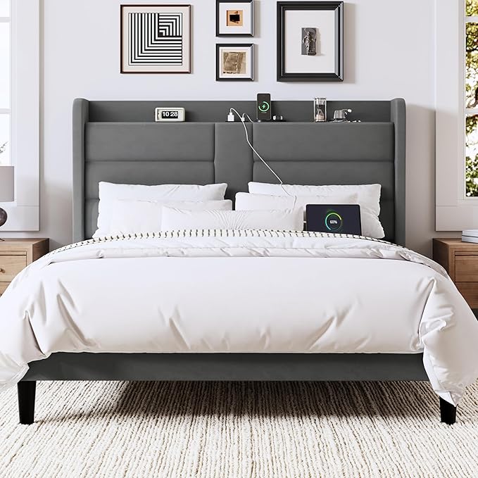 Allewie Full Size Platform Bed Frame with Charging Station & Storage Headboard, Upholstered Velvet Wingback Design & USB Port, Strong Wooden Slats Support, No Box Spring Needed, Easy Assembly, Grey
