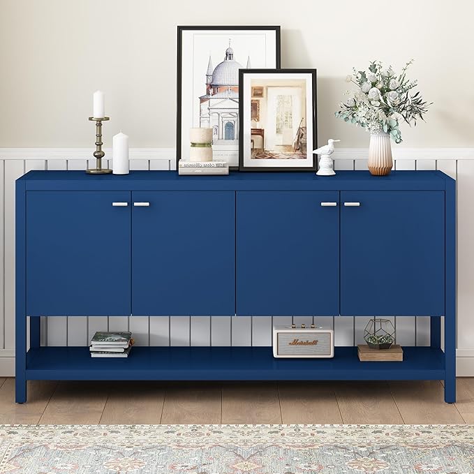 60'' Large Storage Cabinet Sideboard with 4 Doors and Open Bottom Shelf, Functional Wood Entryway Console Table for Study Living Room Dining Room (Navy Blue-SY)