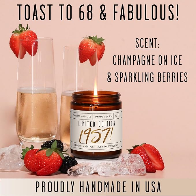 68th Birthday Gifts for Women - 'Limited Edition 1957' Soy Candle, w/Champagne on Ice I 68 Birthday Gifts for Women I 68th Gift for Her Ideas I 9oz Reusable Jar, 50Hr Burn, Made in USA