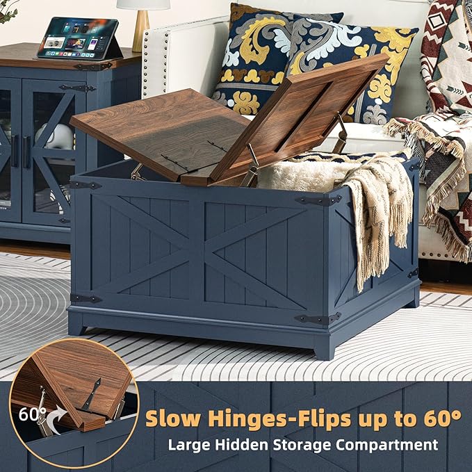 Farmhouse Coffee Table Sets 3 Pieces, Narrow Night Stand with Glass Barn Door Storage, Large Coffee Tables with Hidden Storage Organizer, Wood Furniture Sets for Living Room, Office, Blue