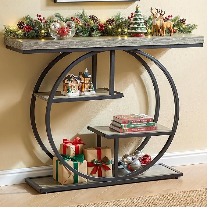 41.3" Sofa Table, Industrial 4-Tier Entryway Table with Circle Base and 1.7" Thickened Top, Narrow Console Table with Storage for Living Room, Hallway, Foyer, Grey