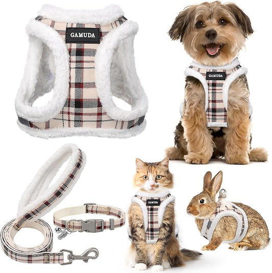 GAMUDA Small Dog Harness Collar and Leash Set, Step in No Chock No Pull Soft Mesh Adjustable Dog Vest Harnesses Plaid Reflective for Dogs Puppy Cats Kitten Rabbit (Warm Beige, M)