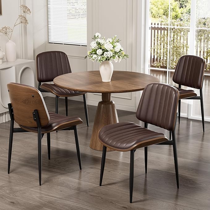 Dining Chairs Set of 6, Mid-Century Modern Upholstered PU Leather Chairs with Walnut Bentwood Back and Metal Legs Adjustable Feet for Kitchen Dining Living Room, Dark Brown Vertical Stripes