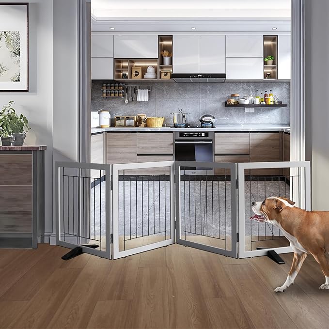 ZJSF Freestanding Dog Gate Indoor, Foldable Dog Fence for Doorways,Hallways or Stairs, Sturdy Wood Extra Wide Pet Gate with Support Feet,Grey,24 "Height-4 Panels