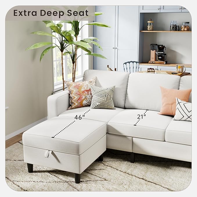 Sectional Sofa Couches for Living Room, 78'' Beige 3 Seater L-Shaped Couch with Storage Ottoman, Comfy Linen Convertible Sectionals Sofas with Chaise for Apartment, Office, Small Space