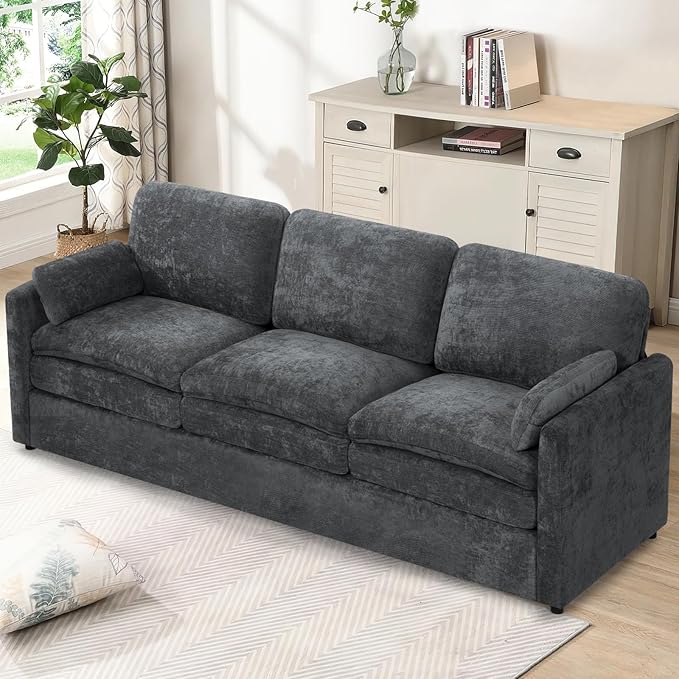89" Chenille Soft Sofa w/Well-Filled Backrests, Modern Couch w/Plump Pillows, 3 Seater Upholstered Couch w/Thick & Comfy Cushions for Living Room, Bedroom, Grey