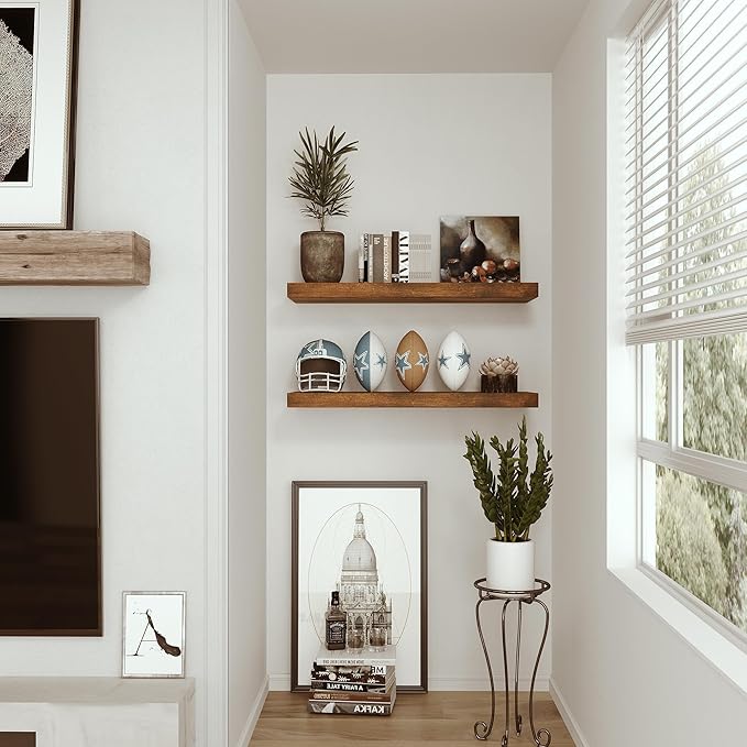 Vivelove 24 inchs Bathroom Floating Shelves for Wall, 9.1” Deep x 1.6” Thick Wall Shelves for Bedroom, Living Room, Kitchen, Office, Rustic Farmhouse Shelf Decor with Invisible Bracket, Set of 2