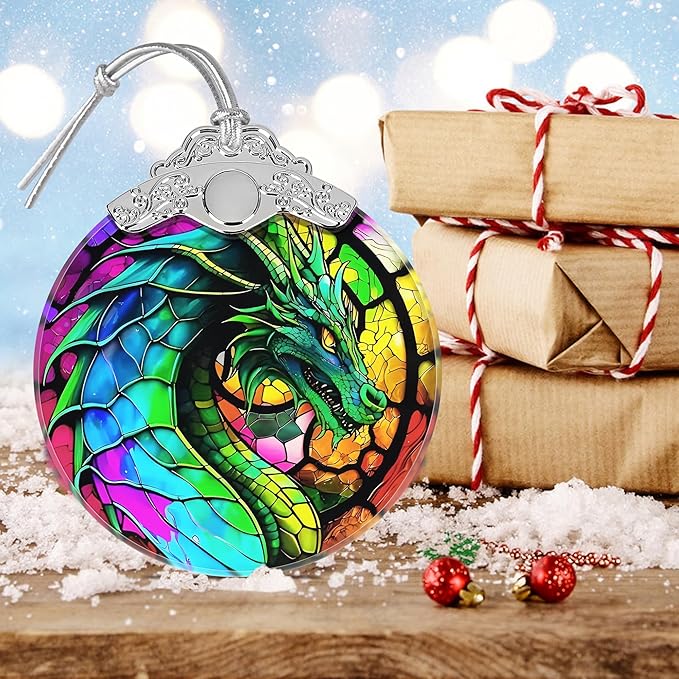 Majestic Dragon Christmas Ornament - Stained Glass Hanging Decoration for Tree, Gift Idea