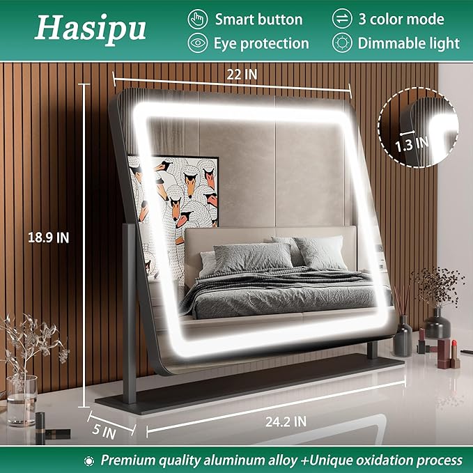 Hasipu Vanity Mirror with Lights, 24.2" x 18.9" LED Make up Mirror, Light up Mirror with 10X Magnification and USB Charging Port, Phone Holder, Smart Touch 3 Colors Dimmable, 360° Rotation (Black)