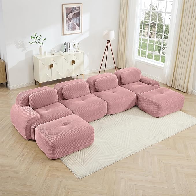Pink Ottoman for Modular Sectional Sofa, Corduroy Deep Seat for Oversized Compressed Boneless Sectional Couches for Living Room Bedroom Apartment, Cloud Sofa Couch, Memory Foam, No AssemblyPink