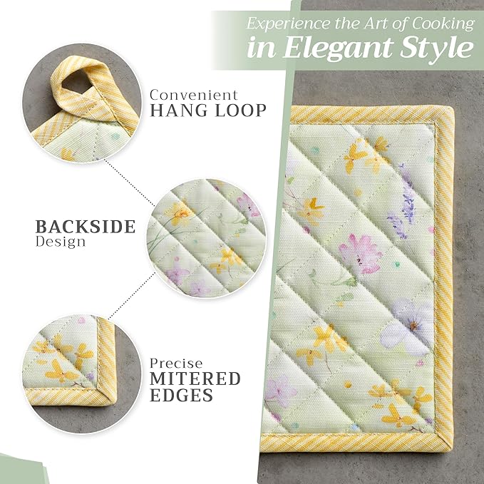 Maison d' Hermine 100% Cotton Oven Mitt & Pot Holder Set (7.5"x13" & 8"x8") Heat Resistant BBQ Cooking Gloves with Loop, Baking, Grilling, Kitchen, Handling Hot Pans Spring/Summer (Easter Zest)