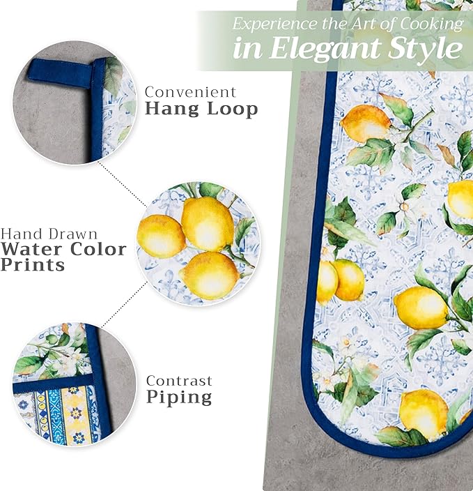 Maison d' Hermine Double Oven Mitts 100% Cotton 7"x35" Double Oven Mitt Heat Resistant BBQ Cooking Gloves with Loop, Baking, Grilling, Home, Kitchen, Handling Hot Pans Spring Summer (Citrus)