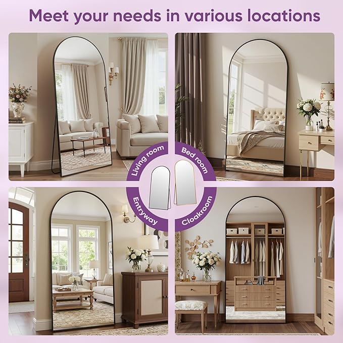 Full Length Mirror, 76"x34" Arched Floor Mirror Freestanding, Floor Standing Full Body Mirror with Stand for Bedroom, Hanging Mounted for Living Room Cloakroom, Black