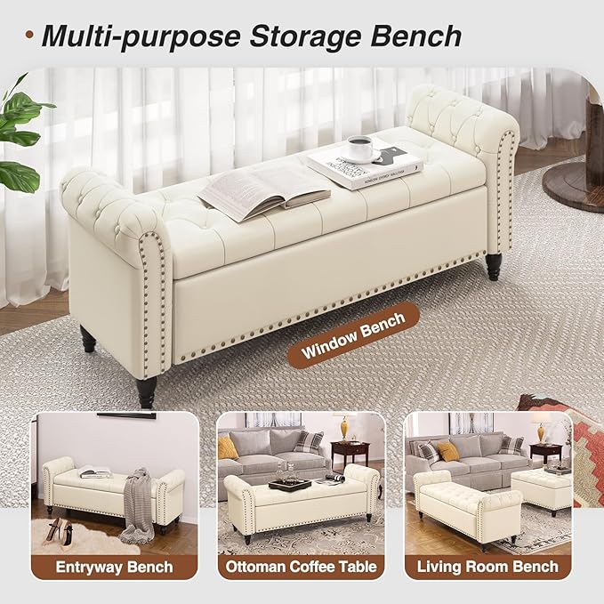 Bedroom Bench, End of Bed Bench with Storage, 55-Inch Bed Benches for Foot of Bed, Faux Leather Window Bench, Upholstered Storage Bench with Tufted Button and Nailhead Trim, Rolled Arms, Cream White