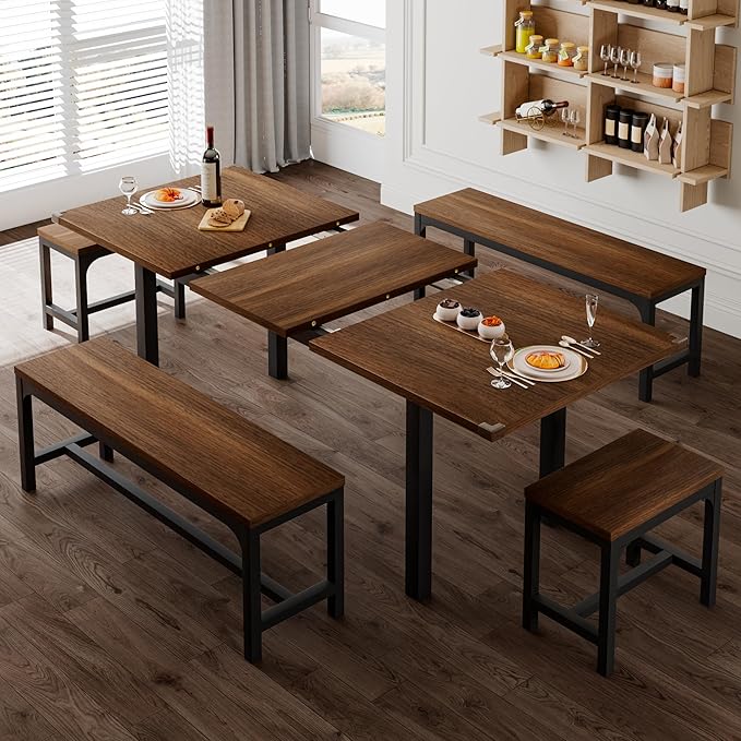 Feonase 5-Piece Dining Table Set for 4-8 People, 63" Extendable Kitchen Table with 2 Benches and 2 Square Stools, Mid-Century Modern Wooden Dining Room Table, Space-Saving, Walnut