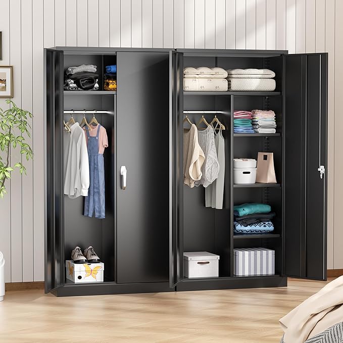INTERGREAT Metal Wardrobe Closet, 72" Black Locking Storage Wardrobe Cabinet with Locking Doors and Adjustable Shelves, 18" D x 36" W Tall Steel Clothes Storage for Office, Home, School, Gym
