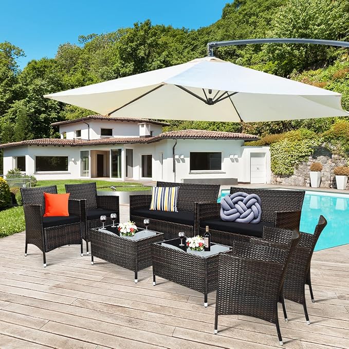 Tangkula 8 PCS Patio Rattan Conversation Set, Outdoor Wicker Furniture Set with Tempered Glass Coffee Table &Thick Cushion, Rattan Chair Wicker Set for Garden, Lawn, Poolside and Backyard (2, Black)