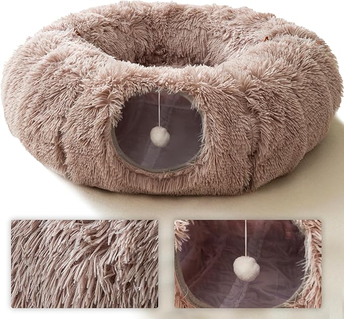 HIPIPET Winter Plush Cat Tunnel with Bed for Small Medium Large Cats, Multifunctional Cat Toys (Light Brown)